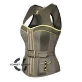 Army Green Cotton With Mesh Military Costume Steampunk Overbust Plus Size Corset Top